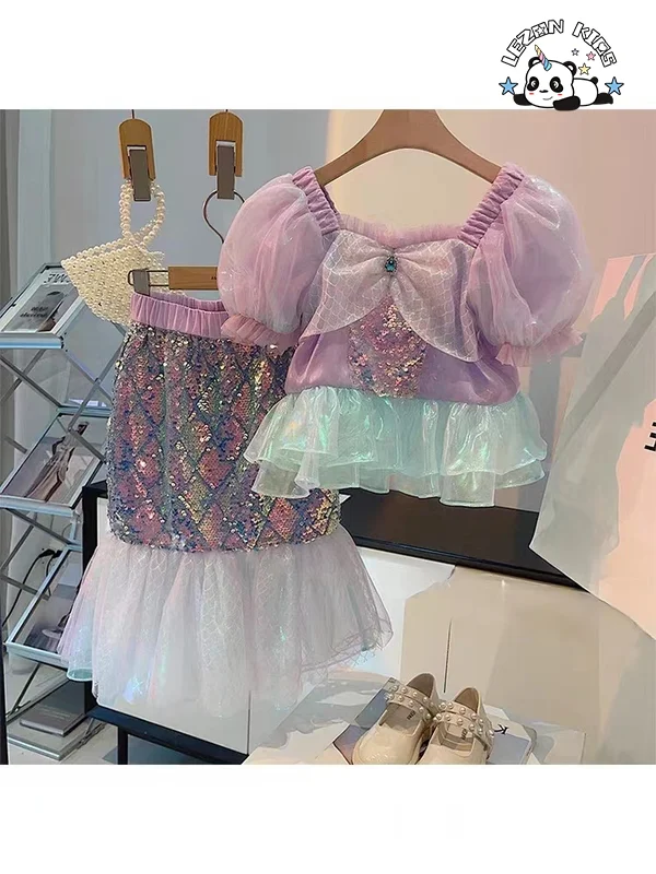 LEZONKIDS - 2024 Spring Summer New Sequined Mermaid Cute Little Girls Clothing Sets Luxury for 2-14 Years